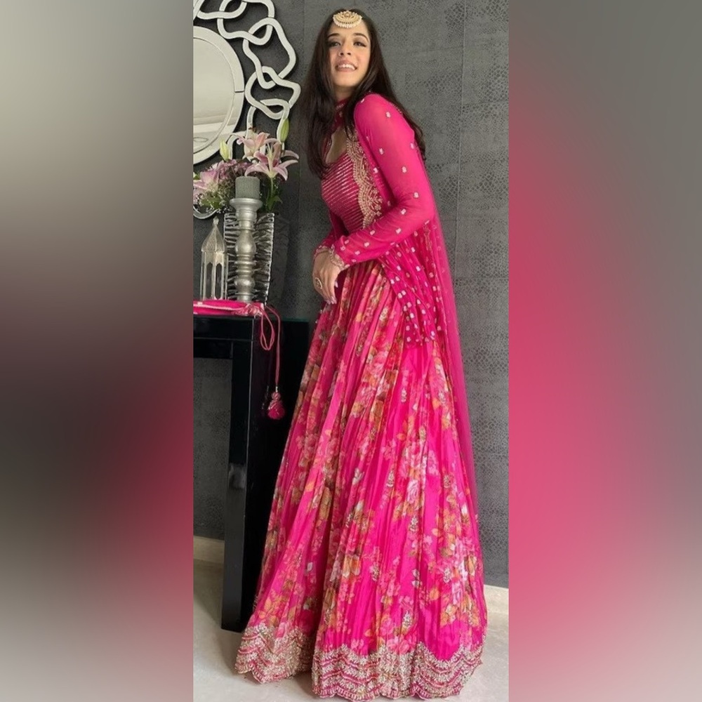 Vibrant Pink lehenga choli 4piece with Goldthread work, cancan skirt